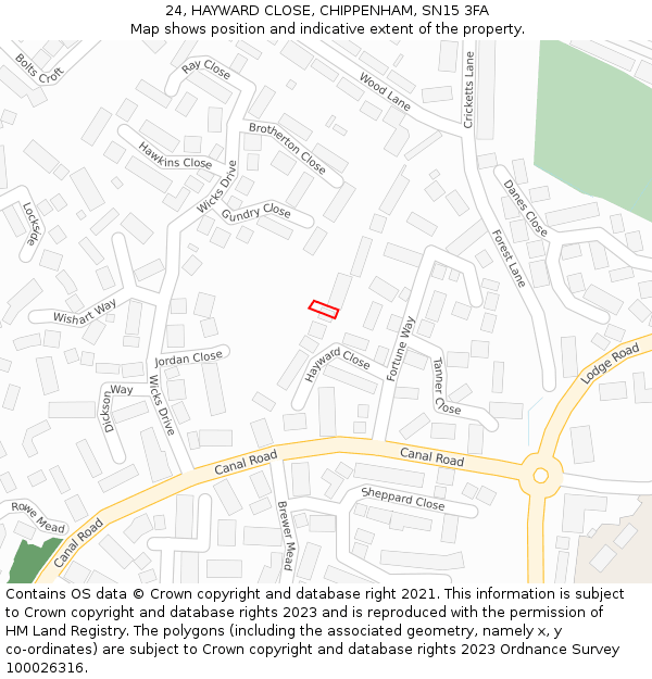 24, HAYWARD CLOSE, CHIPPENHAM, SN15 3FA: Location map and indicative extent of plot