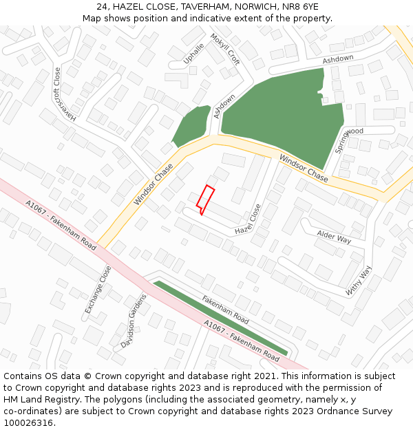 24, HAZEL CLOSE, TAVERHAM, NORWICH, NR8 6YE: Location map and indicative extent of plot