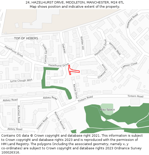 24, HAZELHURST DRIVE, MIDDLETON, MANCHESTER, M24 6TL: Location map and indicative extent of plot