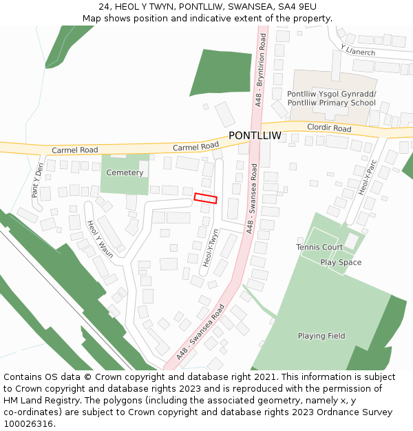 24, HEOL Y TWYN, PONTLLIW, SWANSEA, SA4 9EU: Location map and indicative extent of plot