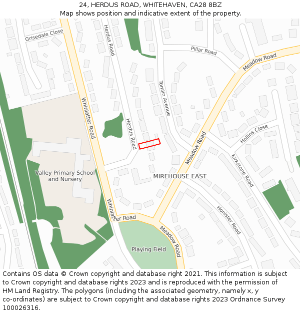 24, HERDUS ROAD, WHITEHAVEN, CA28 8BZ: Location map and indicative extent of plot