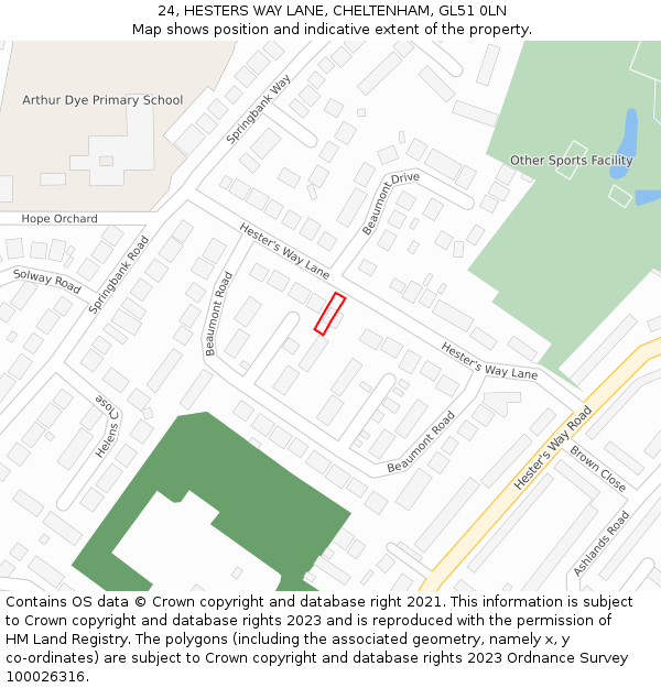 24, HESTERS WAY LANE, CHELTENHAM, GL51 0LN: Location map and indicative extent of plot