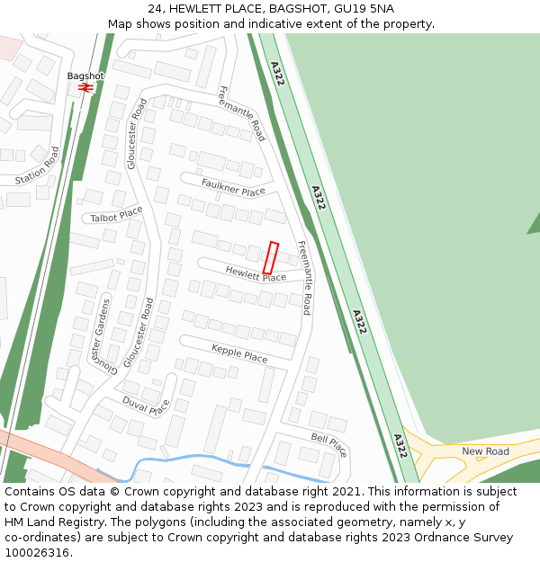 24, HEWLETT PLACE, BAGSHOT, GU19 5NA: Location map and indicative extent of plot