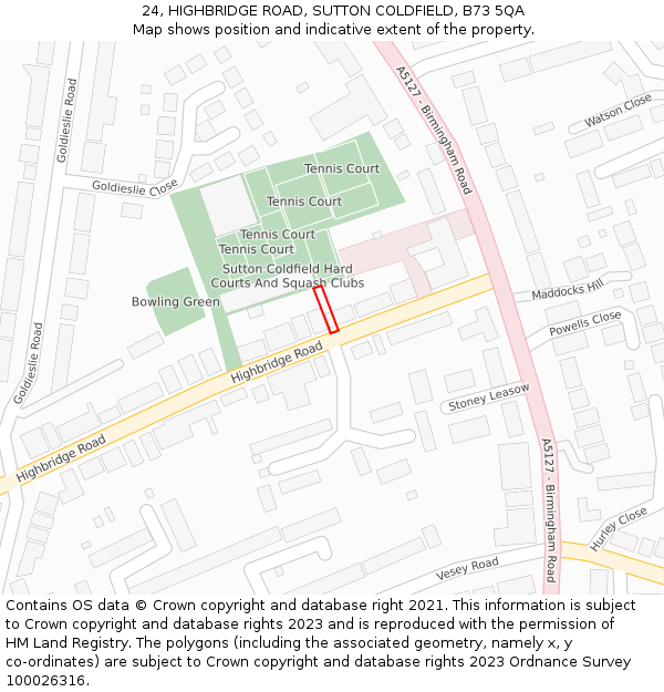 24, HIGHBRIDGE ROAD, SUTTON COLDFIELD, B73 5QA: Location map and indicative extent of plot