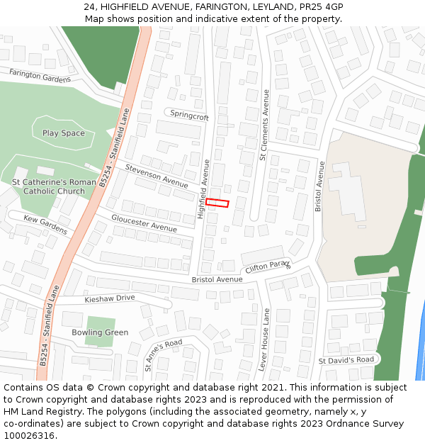 24, HIGHFIELD AVENUE, FARINGTON, LEYLAND, PR25 4GP: Location map and indicative extent of plot