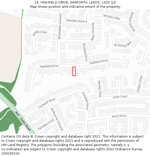 24, HIGHFIELD DRIVE, GARFORTH, LEEDS, LS25 1JZ: Location map and indicative extent of plot