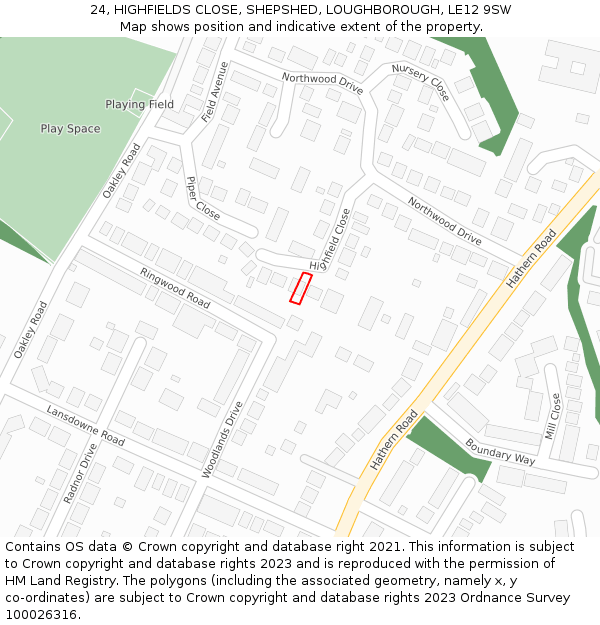 24, HIGHFIELDS CLOSE, SHEPSHED, LOUGHBOROUGH, LE12 9SW: Location map and indicative extent of plot