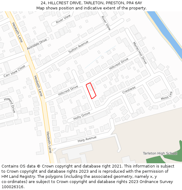 24, HILLCREST DRIVE, TARLETON, PRESTON, PR4 6AY: Location map and indicative extent of plot