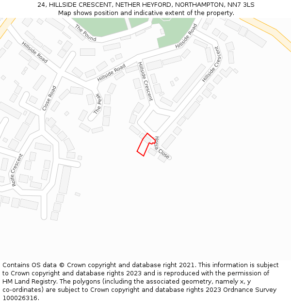 24, HILLSIDE CRESCENT, NETHER HEYFORD, NORTHAMPTON, NN7 3LS: Location map and indicative extent of plot