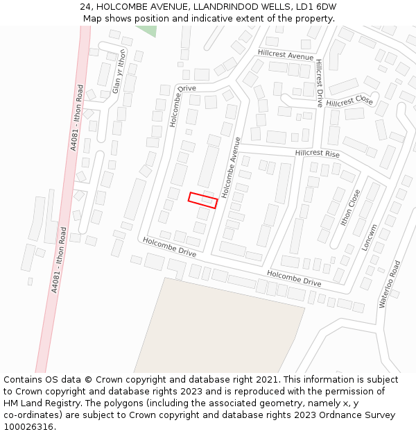 24, HOLCOMBE AVENUE, LLANDRINDOD WELLS, LD1 6DW: Location map and indicative extent of plot