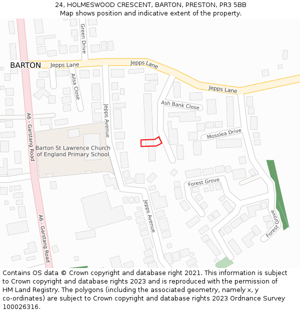 24, HOLMESWOOD CRESCENT, BARTON, PRESTON, PR3 5BB: Location map and indicative extent of plot