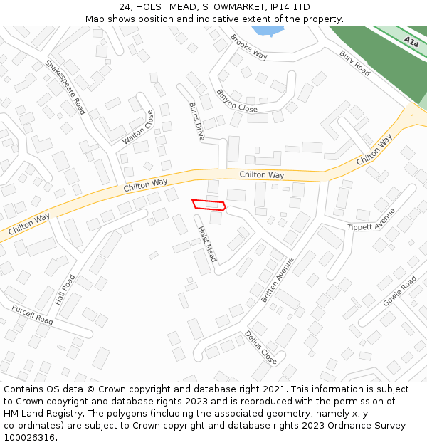 24, HOLST MEAD, STOWMARKET, IP14 1TD: Location map and indicative extent of plot