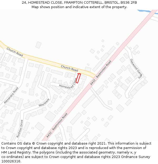 24, HOMESTEAD CLOSE, FRAMPTON COTTERELL, BRISTOL, BS36 2FB: Location map and indicative extent of plot