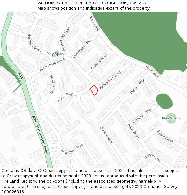 24, HOMESTEAD DRIVE, EATON, CONGLETON, CW12 2GT: Location map and indicative extent of plot