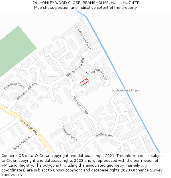 24, HONLEY WOOD CLOSE, BRANSHOLME, HULL, HU7 4ZP: Location map and indicative extent of plot