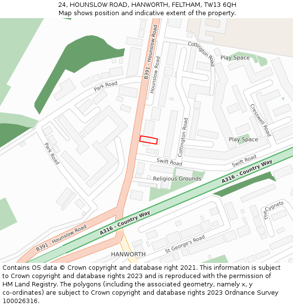 24, HOUNSLOW ROAD, HANWORTH, FELTHAM, TW13 6QH: Location map and indicative extent of plot