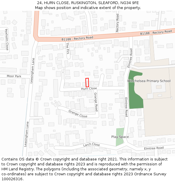 24, HURN CLOSE, RUSKINGTON, SLEAFORD, NG34 9FE: Location map and indicative extent of plot