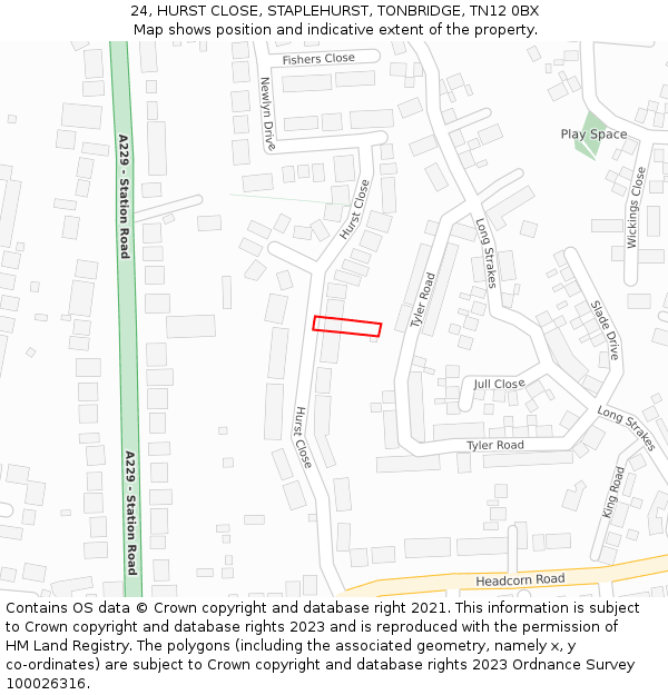 24, HURST CLOSE, STAPLEHURST, TONBRIDGE, TN12 0BX: Location map and indicative extent of plot