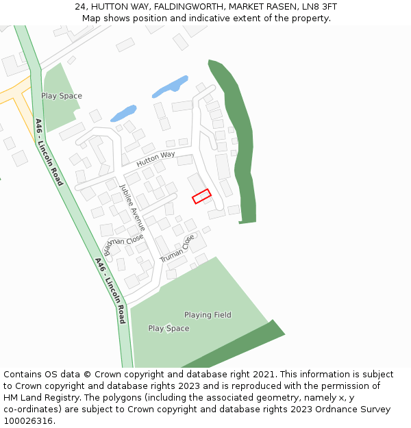 24, HUTTON WAY, FALDINGWORTH, MARKET RASEN, LN8 3FT: Location map and indicative extent of plot