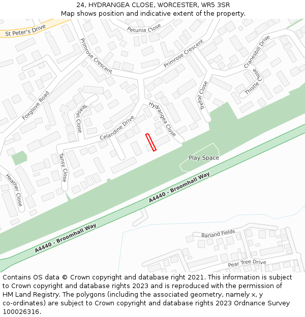 24, HYDRANGEA CLOSE, WORCESTER, WR5 3SR: Location map and indicative extent of plot