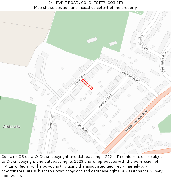 24, IRVINE ROAD, COLCHESTER, CO3 3TR: Location map and indicative extent of plot