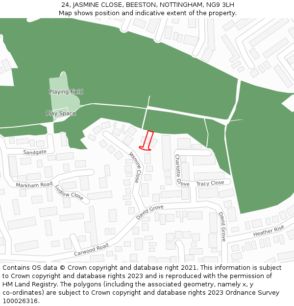 24, JASMINE CLOSE, BEESTON, NOTTINGHAM, NG9 3LH: Location map and indicative extent of plot