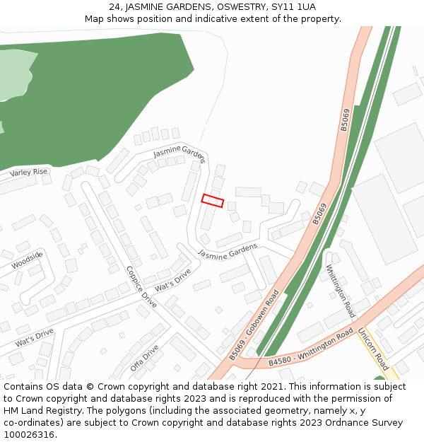 24, JASMINE GARDENS, OSWESTRY, SY11 1UA: Location map and indicative extent of plot