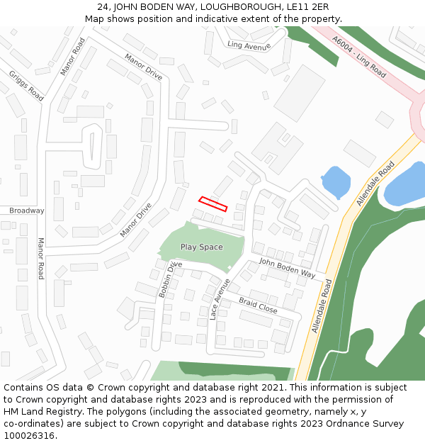 24, JOHN BODEN WAY, LOUGHBOROUGH, LE11 2ER: Location map and indicative extent of plot