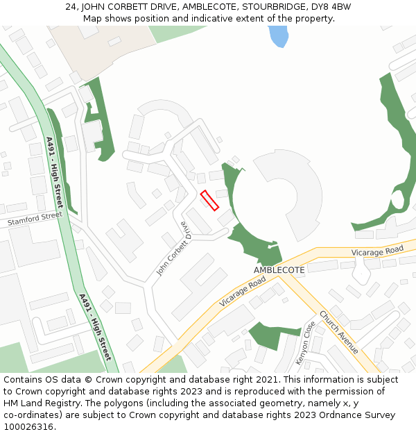 24, JOHN CORBETT DRIVE, AMBLECOTE, STOURBRIDGE, DY8 4BW: Location map and indicative extent of plot