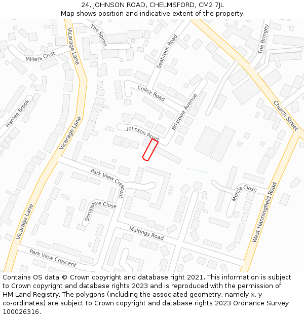 24, JOHNSON ROAD, CHELMSFORD, CM2 7JL: Location map and indicative extent of plot