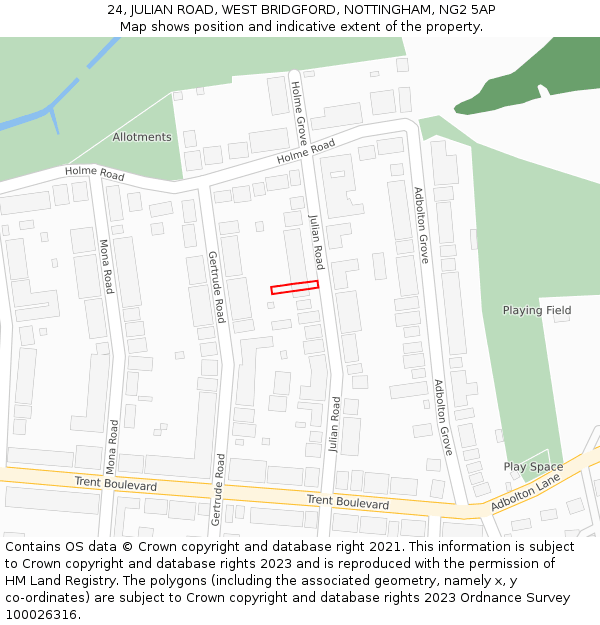 24, JULIAN ROAD, WEST BRIDGFORD, NOTTINGHAM, NG2 5AP: Location map and indicative extent of plot