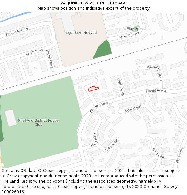 24, JUNIPER WAY, RHYL, LL18 4GG: Location map and indicative extent of plot