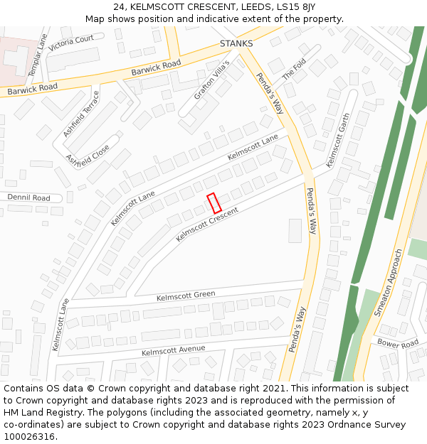 24, KELMSCOTT CRESCENT, LEEDS, LS15 8JY: Location map and indicative extent of plot