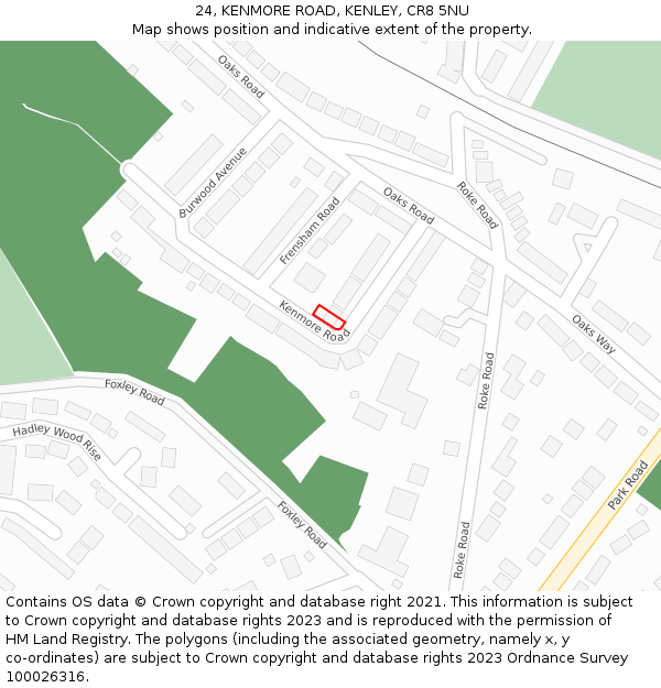 24, KENMORE ROAD, KENLEY, CR8 5NU: Location map and indicative extent of plot