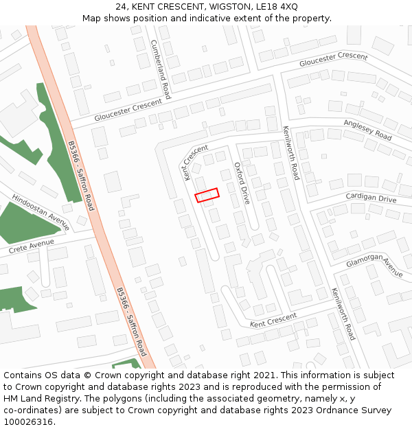 24, KENT CRESCENT, WIGSTON, LE18 4XQ: Location map and indicative extent of plot