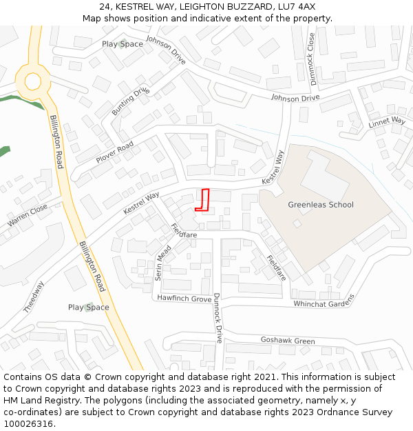 24, KESTREL WAY, LEIGHTON BUZZARD, LU7 4AX: Location map and indicative extent of plot