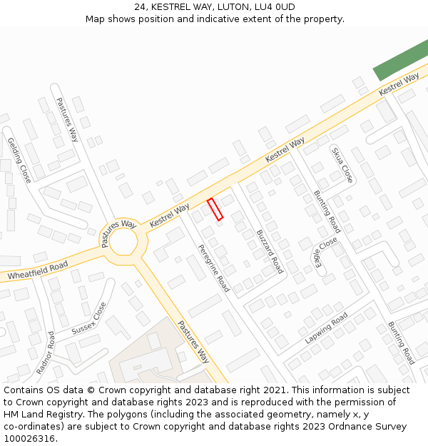 24, KESTREL WAY, LUTON, LU4 0UD: Location map and indicative extent of plot