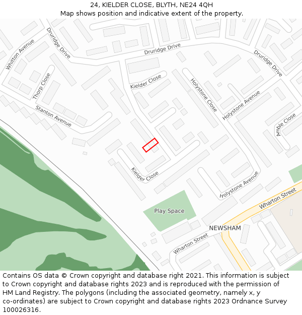 24, KIELDER CLOSE, BLYTH, NE24 4QH: Location map and indicative extent of plot