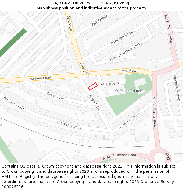 24, KINGS DRIVE, WHITLEY BAY, NE26 2JT: Location map and indicative extent of plot