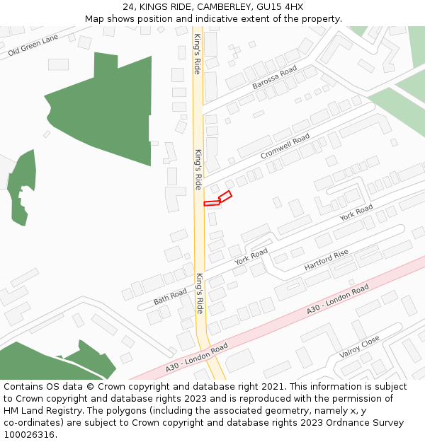 24, KINGS RIDE, CAMBERLEY, GU15 4HX: Location map and indicative extent of plot