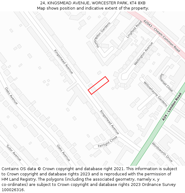 24, KINGSMEAD AVENUE, WORCESTER PARK, KT4 8XB: Location map and indicative extent of plot