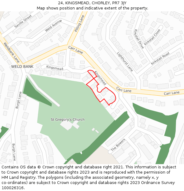 24, KINGSMEAD, CHORLEY, PR7 3JY: Location map and indicative extent of plot