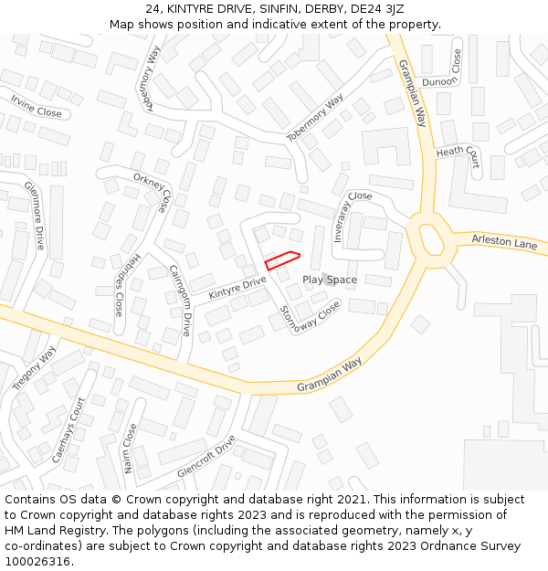 24, KINTYRE DRIVE, SINFIN, DERBY, DE24 3JZ: Location map and indicative extent of plot