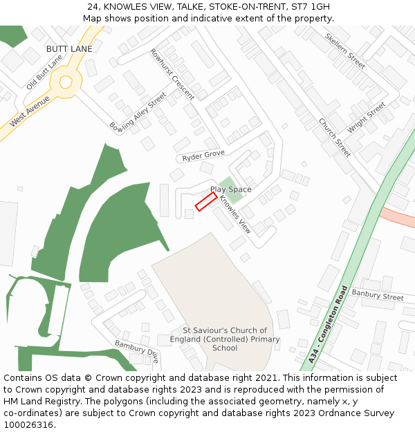 24, KNOWLES VIEW, TALKE, STOKE-ON-TRENT, ST7 1GH: Location map and indicative extent of plot