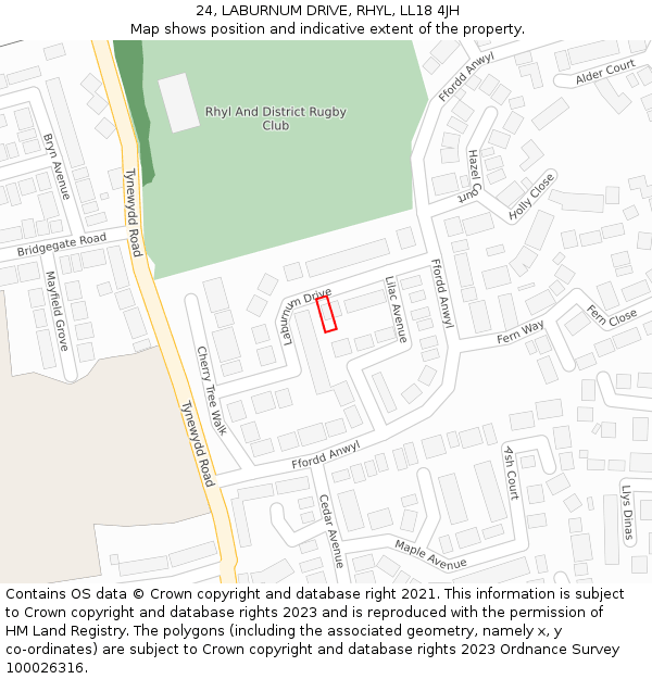 24, LABURNUM DRIVE, RHYL, LL18 4JH: Location map and indicative extent of plot