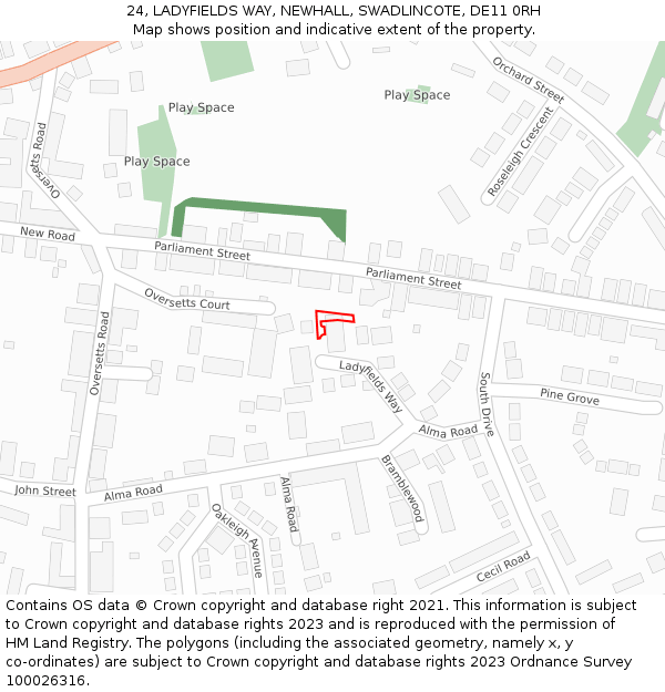 24, LADYFIELDS WAY, NEWHALL, SWADLINCOTE, DE11 0RH: Location map and indicative extent of plot