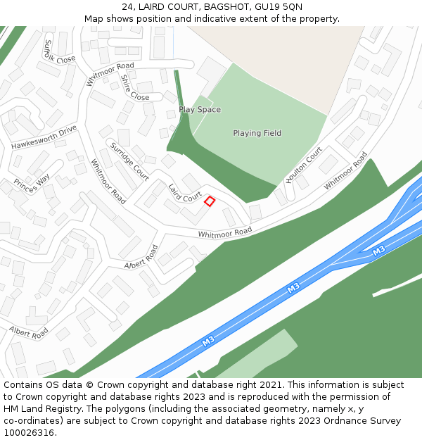 24, LAIRD COURT, BAGSHOT, GU19 5QN: Location map and indicative extent of plot