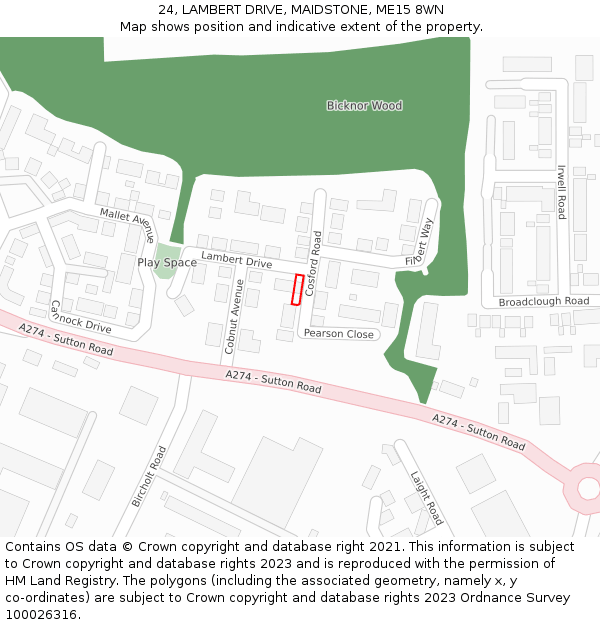 24, LAMBERT DRIVE, MAIDSTONE, ME15 8WN: Location map and indicative extent of plot