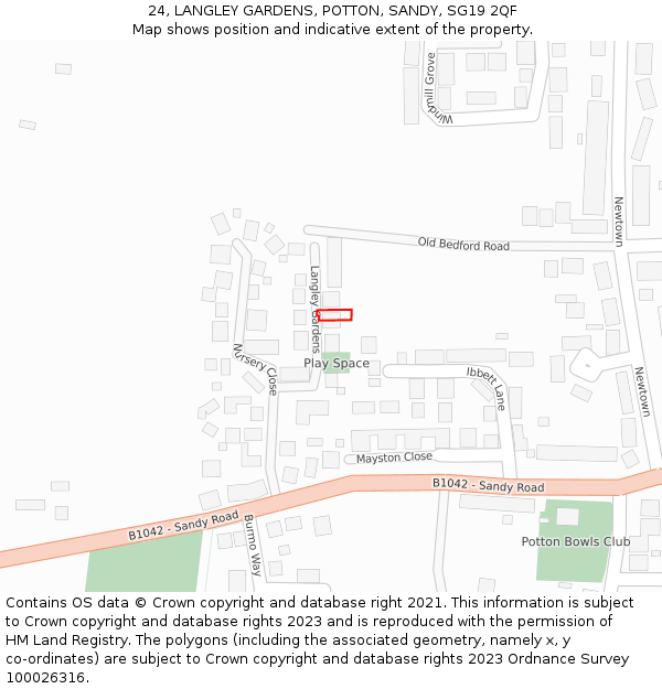 24, LANGLEY GARDENS, POTTON, SANDY, SG19 2QF: Location map and indicative extent of plot