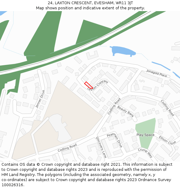 24, LAXTON CRESCENT, EVESHAM, WR11 3JT: Location map and indicative extent of plot